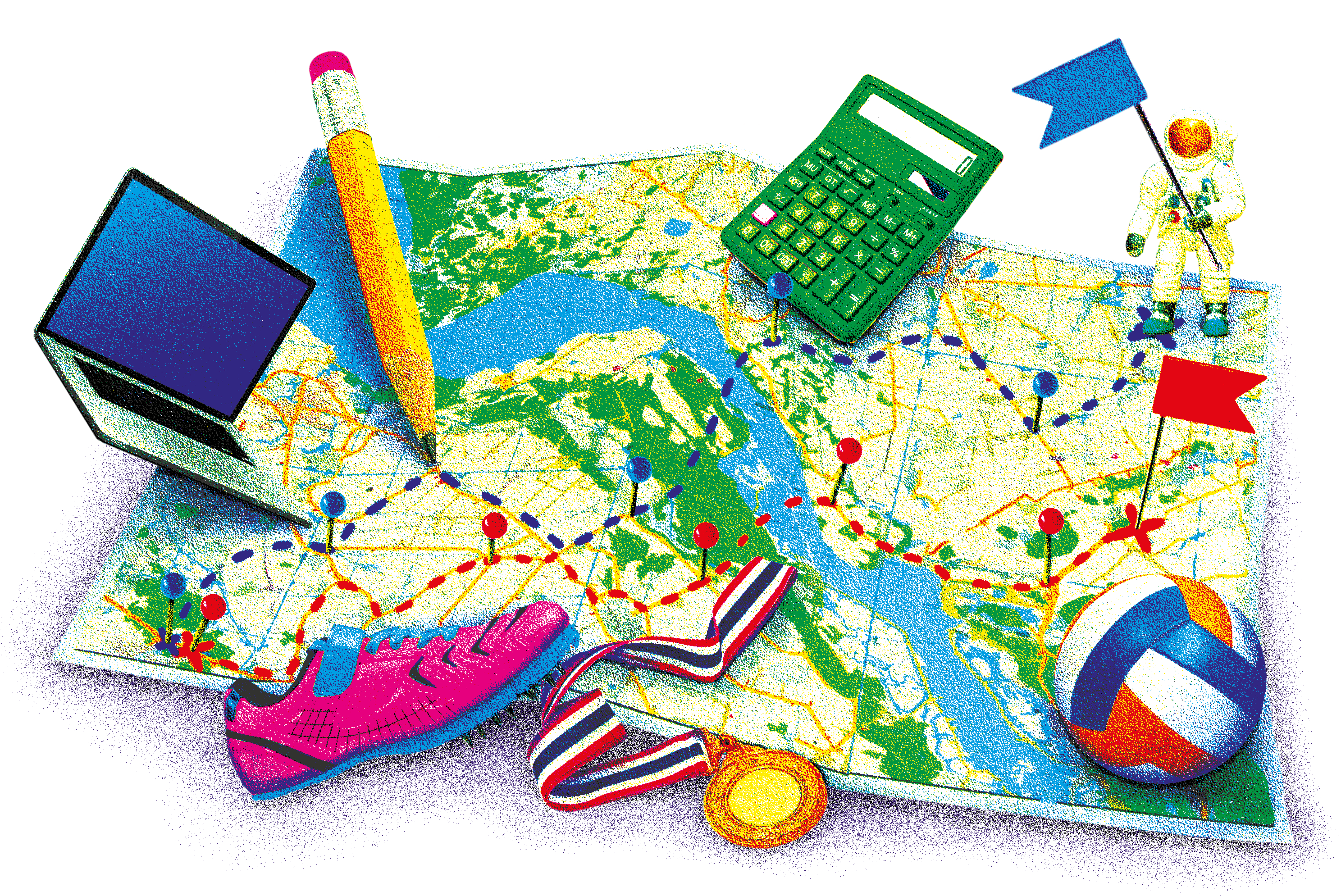 Eine Montage an Bildern von einer Landkarte auf der verschiedene Alltagsutensilien liegen - ein Ball, eine Medaille, ein Schuh, ein Laptop, ein Stift und ein Taschenrechner.