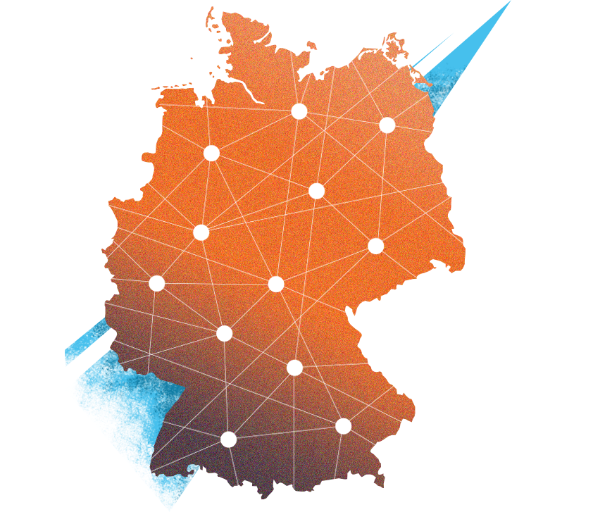 Eine Grafik von einer Deutschlandkarte, auf der verschiedene Städte miteinander vernetzt sind. Die Grafik dient der Veranschaulichung des Thema 'Netzwerk'.