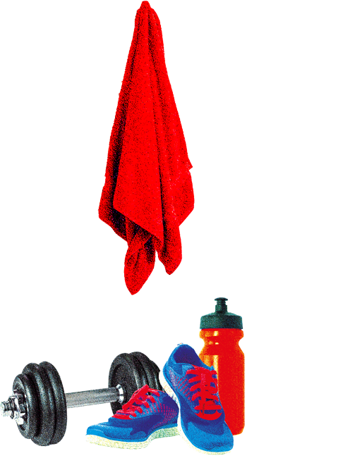 Eine Grafik von einem roten Handtusch, einer Hantel, einem Paar Schuhe und einer Trinkflasche. Die Grafik, ist zu thematischen Untermalung eingebunden.