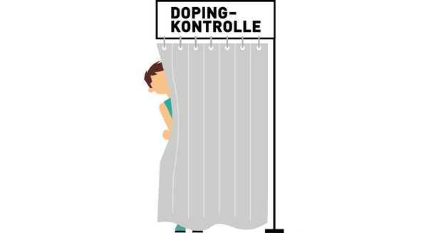 Eine Grafik von einem Mann hinter einem Vorhang. Über dem Vorhang steht der Schriftzug 'Dopingkontrolle' zu lesen.