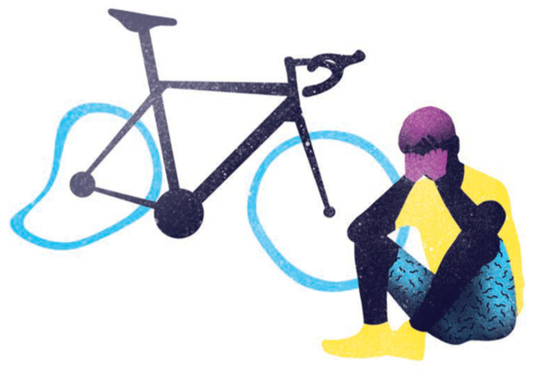Eine Grafik von einem Rennradfahrer, der niedergeschlagen neben seinem Rad sitzt. Das Hinterrad hat eine Acht im Reifen.