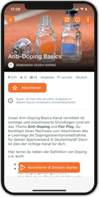 Ein Screenshot der 'GEMEINSAM GEGEN DOPING' Akademie in der 'chunkx'-App