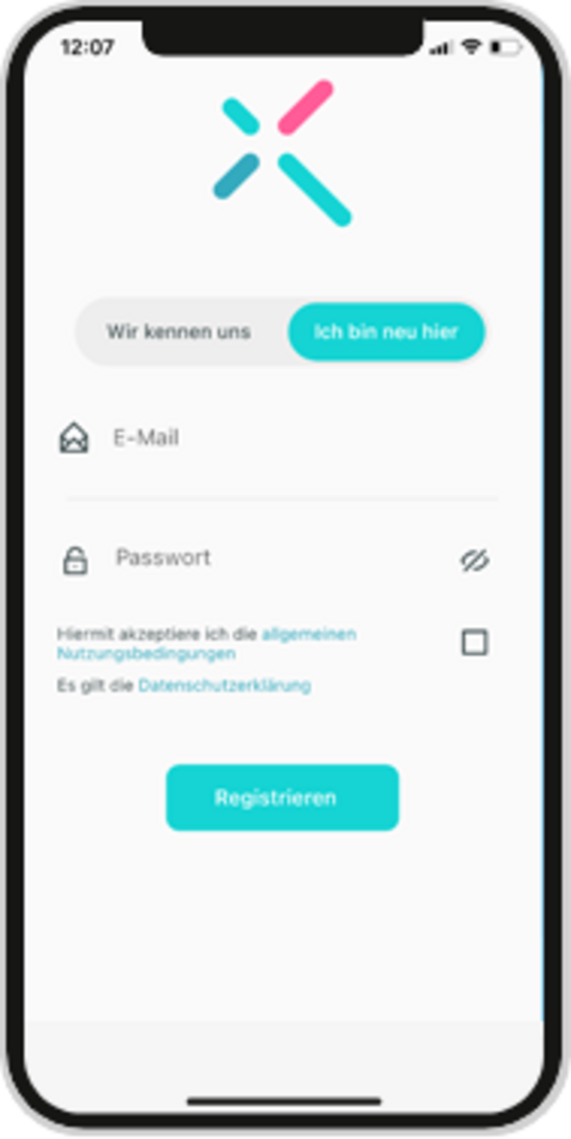 Ein Screenshot der 'chunkx' App, auf dem das Registrierungs-Formular zu sehen ist.