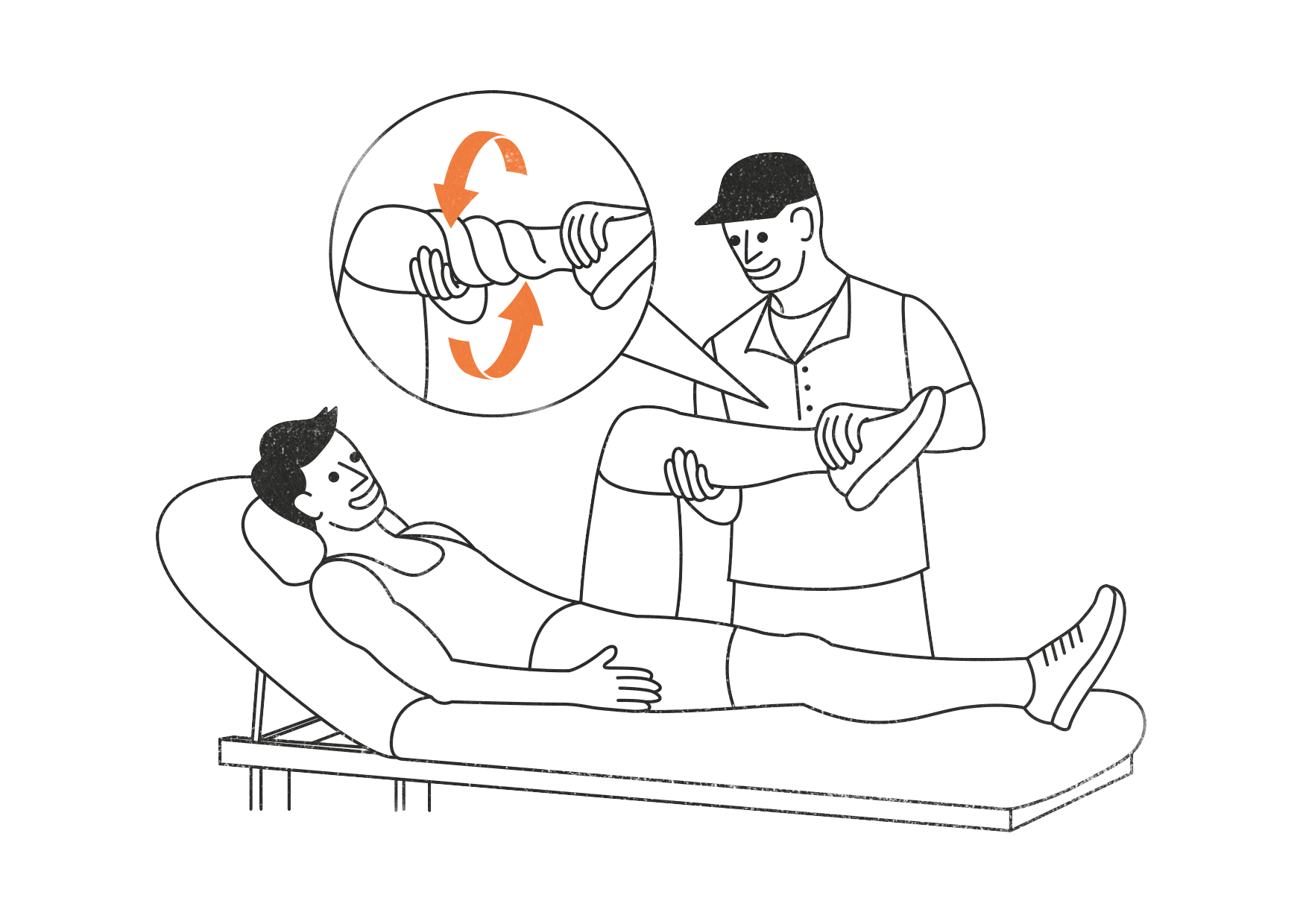 Eine Grafik von zwei Personen. Die eine liegt auf einer Behandlungsliege und die zweite hält das Bein der liegenden Person in den Händen. Darüber ist eine Sprechblase, in der ein verdrehtes Bein zu sehen ist.