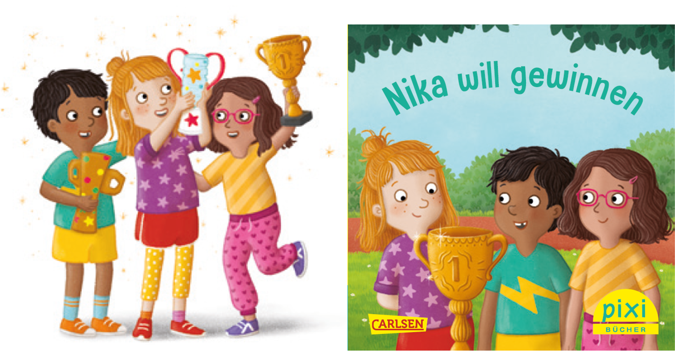Das Cover von einem Pixi-Buch mit dem Titel 'Nika will gewinnen'. Auf dem Cover sind drei Kinder zu sehen, die einen Pokal halten.