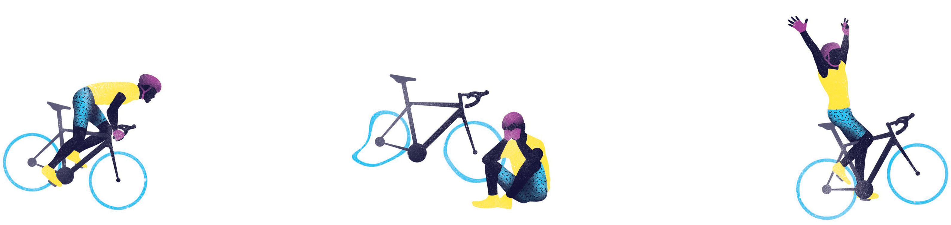 Drei Grafiken, auf denen ein Rennradfahrer stürzt, dann niedergeschlagen am Boden sitzt und zuletzt jubelnd auf seinem Rad weiterfährt.